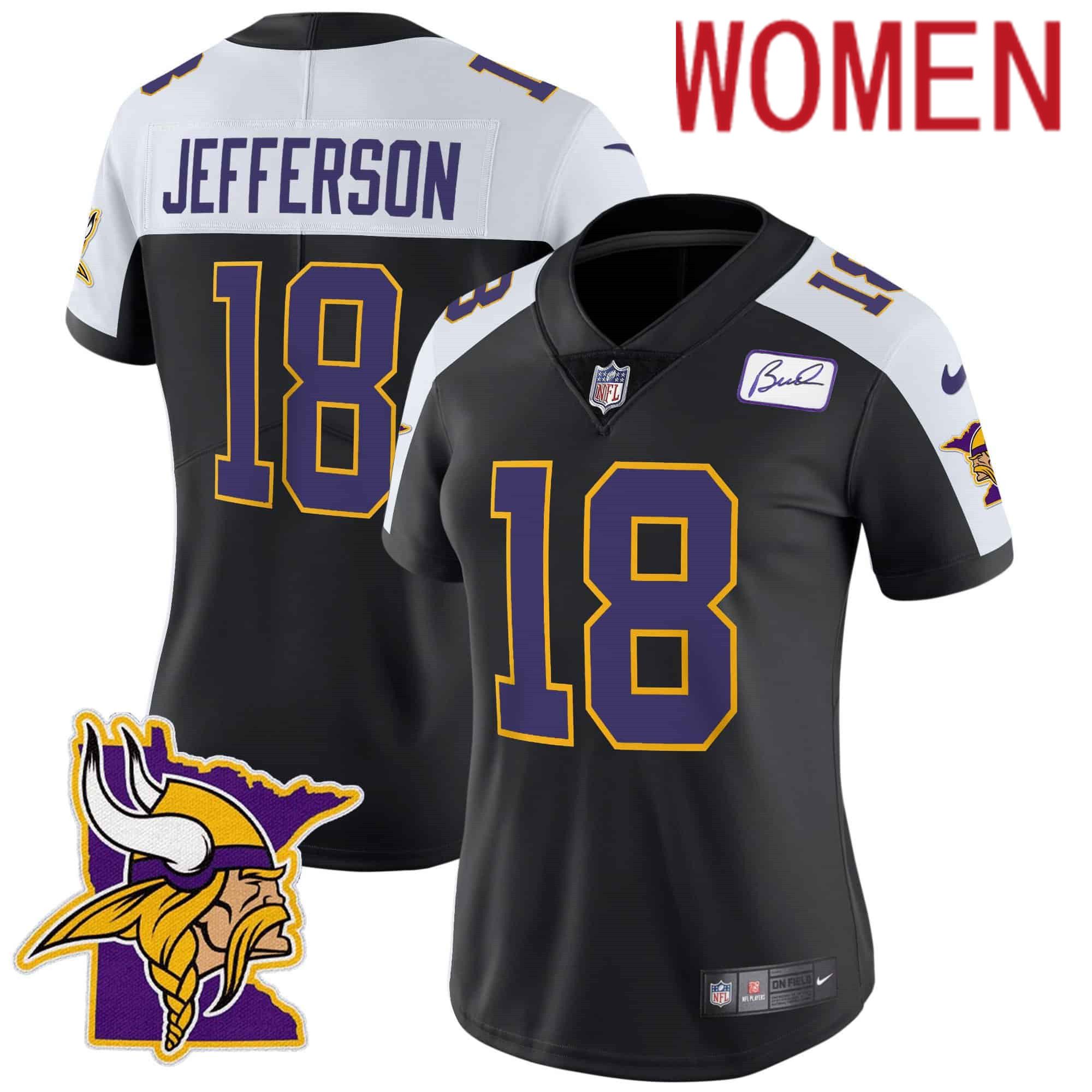 Women Minnesota Vikings 18 Jefferson Black 2024 Nike Patch Classic Limited NFL Jersey